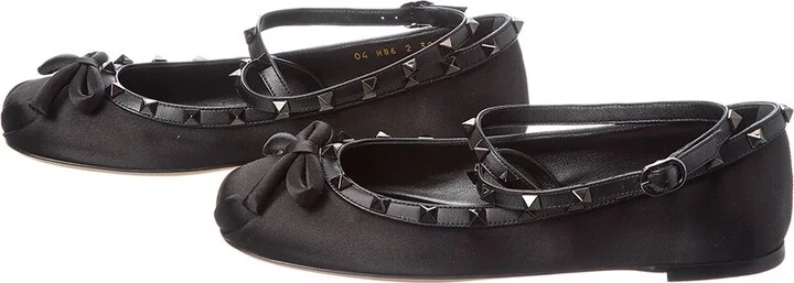 Valentino Rockstud Satin & Leather Ankle Strap Ballerina Flat (Authentic Pre- Loved) - Image 2