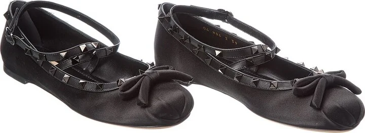 Valentino Rockstud Satin & Leather Ankle Strap Ballerina Flat (Authentic Pre- Loved)