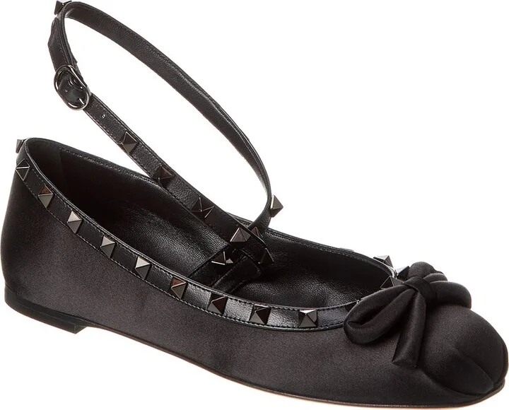 Valentino Rockstud Satin & Leather Ankle Strap Ballerina Flat