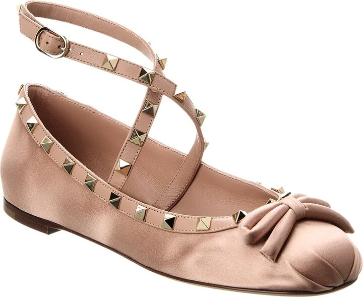 Valentino Rockstud Satin & Leather Ankle Strap Ballerina Flat