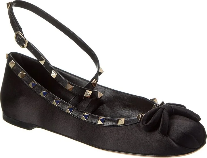 Valentino Rockstud Satin & Leather Flat