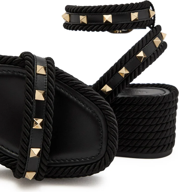 Valentino Rockstud Torchon Silk Espadrille Wedge Sandals - Image 4
