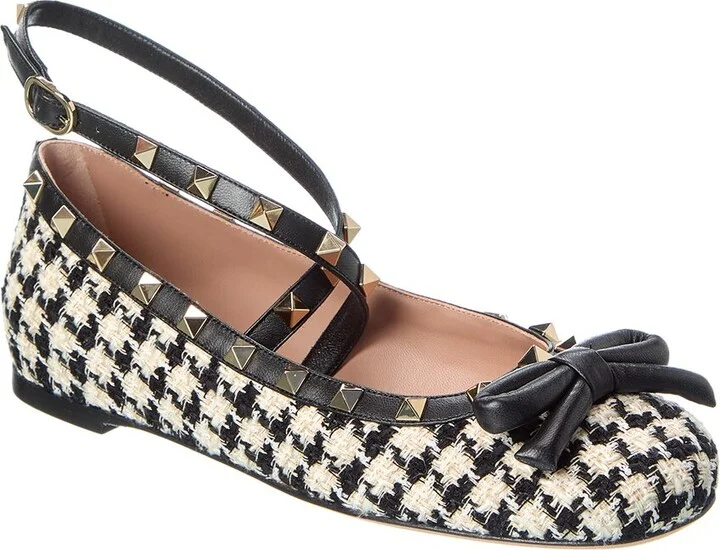 Valentino Rockstud Tweed & Leather Flat