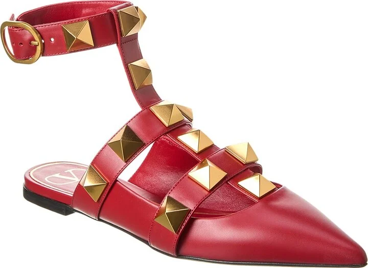 Valentino Roman Stud Leather Ankle Strap Flat