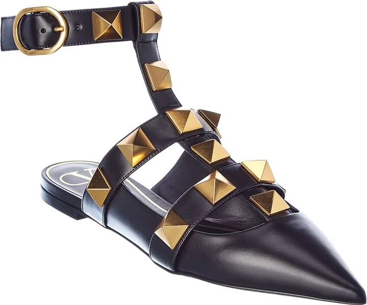 Valentino Roman Stud Leather Ankle Strap Flat