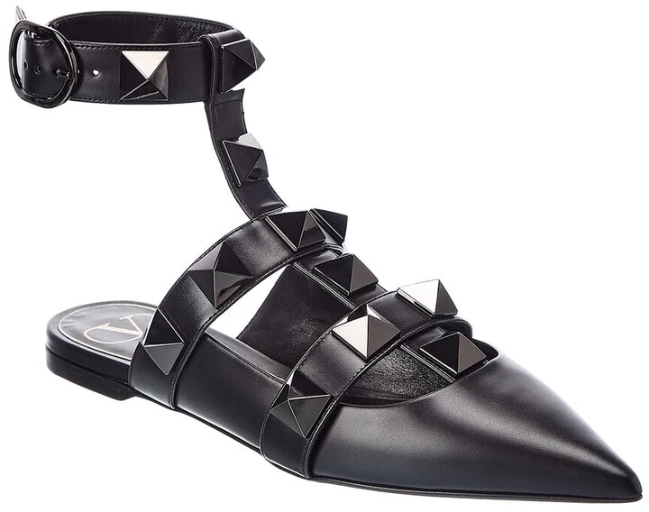 Valentino Roman Stud Leather Ankle Strap Flat