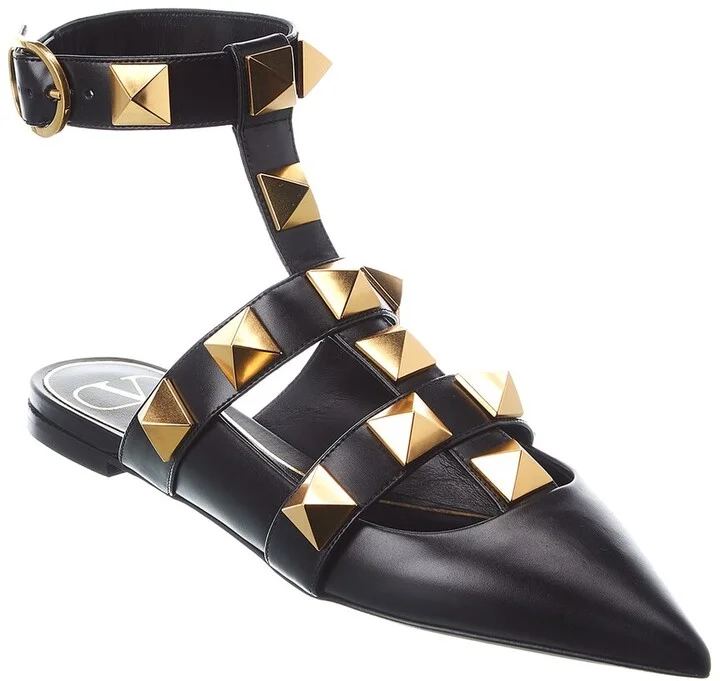 Valentino Roman Stud Leather Ankle Strap Flat