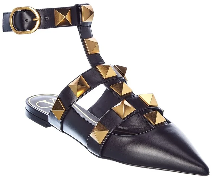 Valentino Roman Stud Leather Ankle Strap Flat