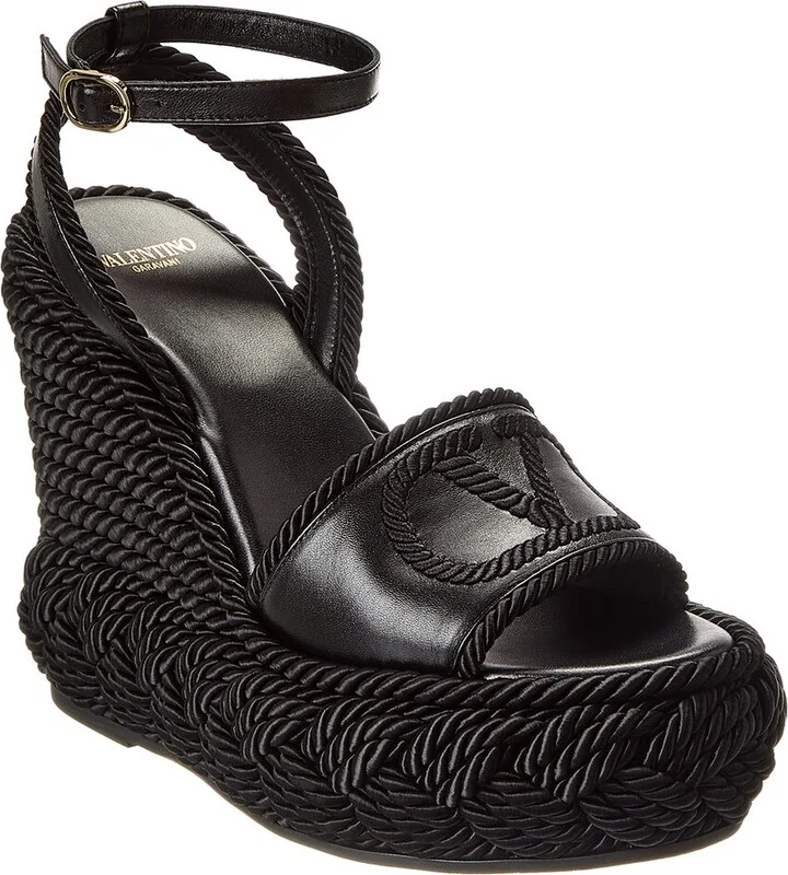 Valentino Vlogo Silk Torchon 130 Leather Wedge Sandal