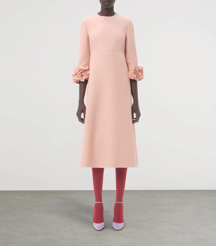 Valentino Wool-Silk Floral-Sleeve Midi Dress - Image 3