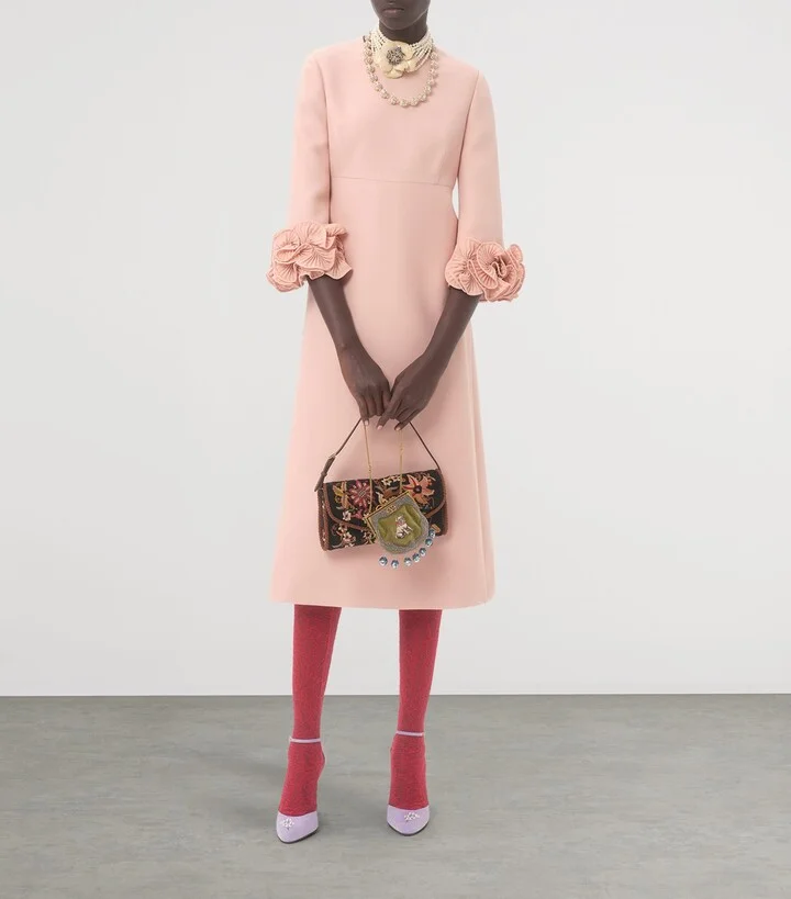 Valentino Wool-Silk Floral-Sleeve Midi Dress - Image 4