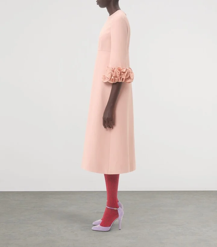 Valentino Wool-Silk Floral-Sleeve Midi Dress - Image 5