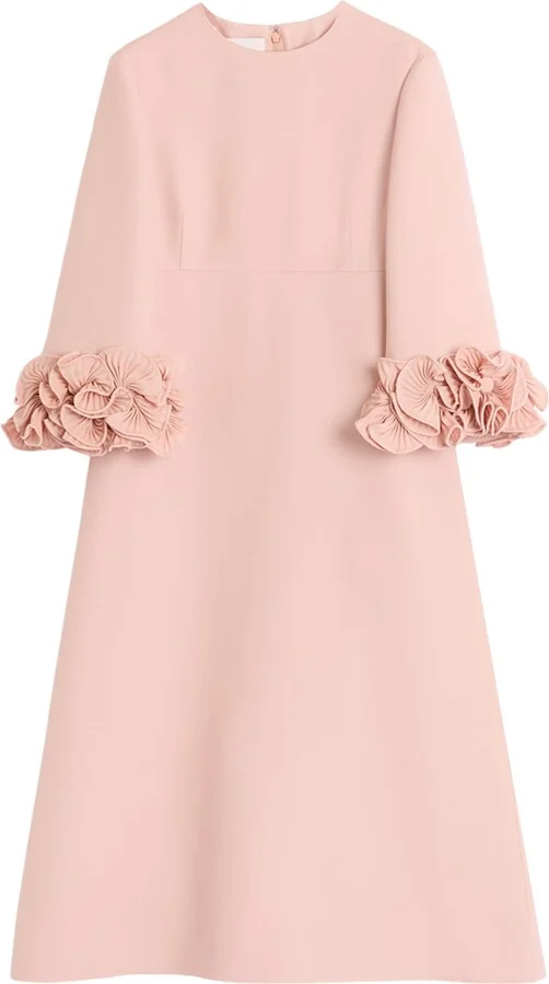 Valentino Wool-Silk Floral-Sleeve Midi Dress
