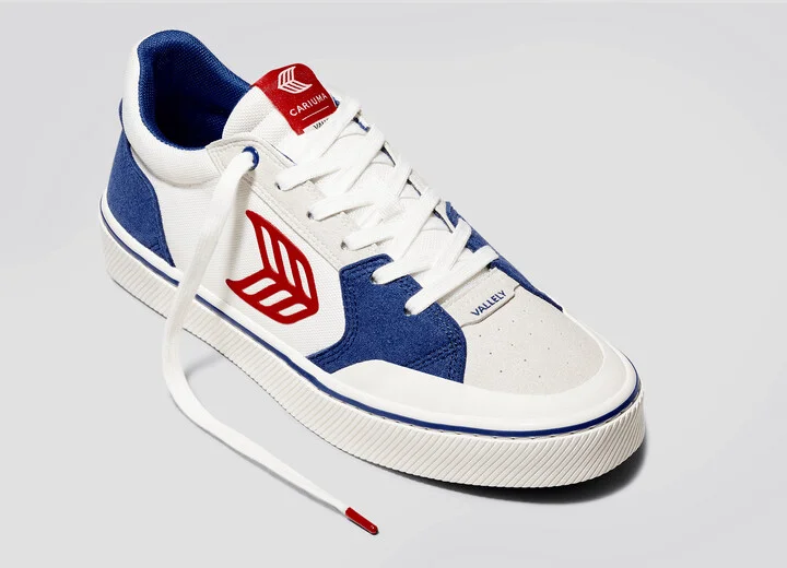VALLELY PRO Mystery Blue Suede and Off-White Cordura Red Logo Sneaker Women - Image 4