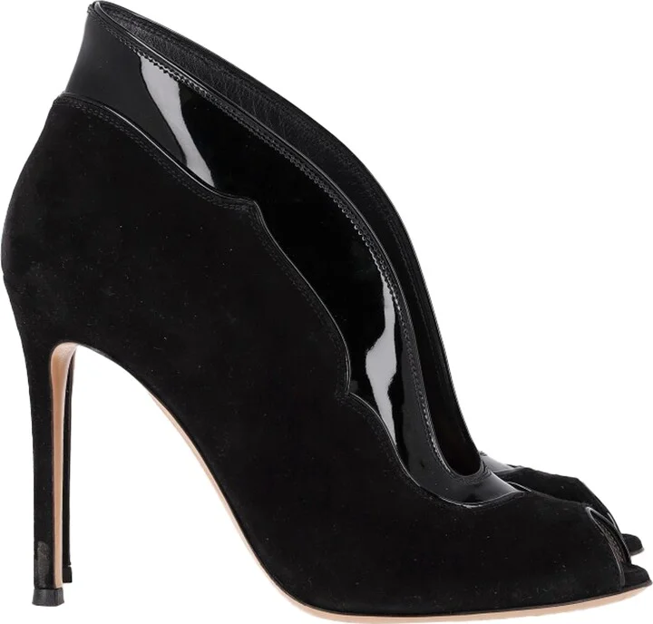 Vamp Peep-Toe Ankle Boots in Black Suede and Leather