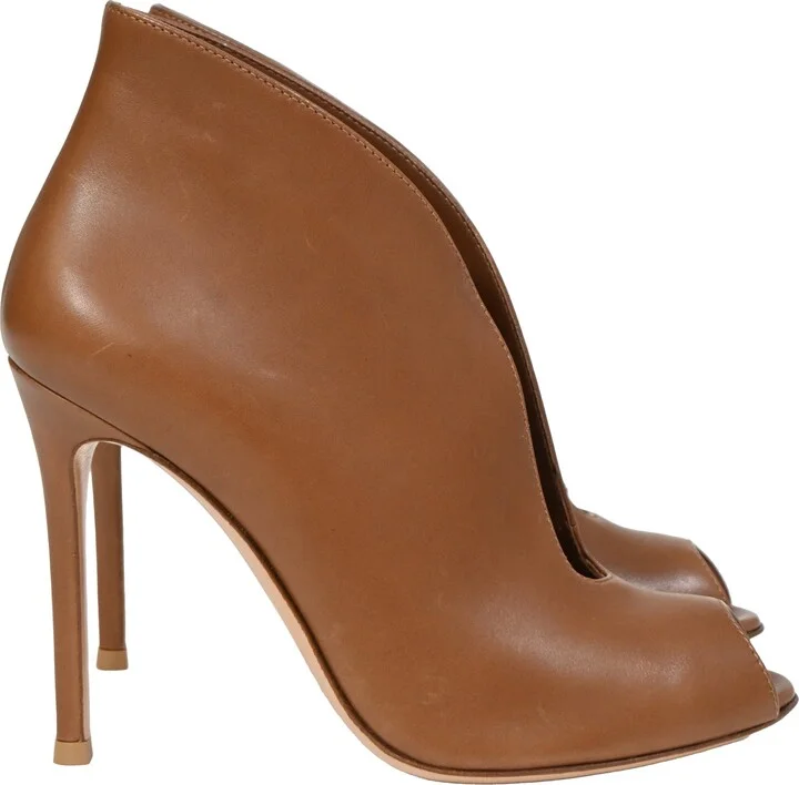 Vamp Peep-Toe Ankle Boots in Brown Leather
