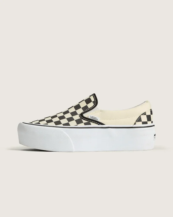 Vans Classic Slip-On Checkerboard Platform Shoes (Black / White) - 3.5 Boys 5.0 Women
