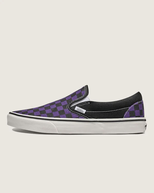 Vans Classic Slip-On Checkerboard Shoes (Black / Gothic Grape) - 3.5 Boys 5.0 Women
