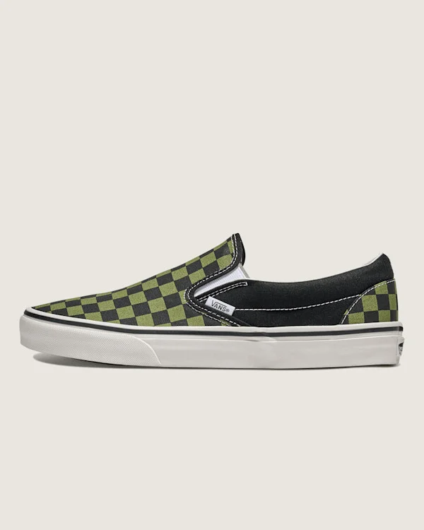 Vans Classic Slip-On Checkerboard Shoes (Black / Loden Green) - 4.5 Boys 6.0 Women