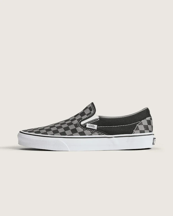 Vans Classic Slip-On Checkerboard Shoes (Black / Pewter Grey) - 3.5 Boys 5.0 Women