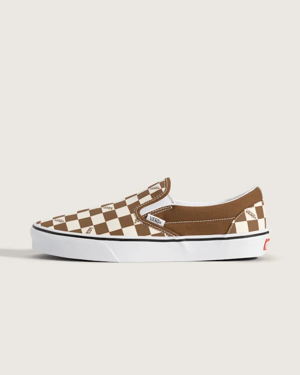 Vans Classic Slip-On Checkerboard Shoes (Checkerboard Dachshund Brown) - 3.5 Boys / 5.0 Women