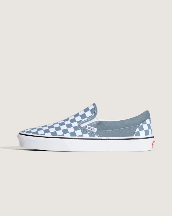 Vans Classic Slip-On Checkerboard Shoes (Checkerboard Stormy Weather Blue) - 3.5 Boys / 5.0 Women