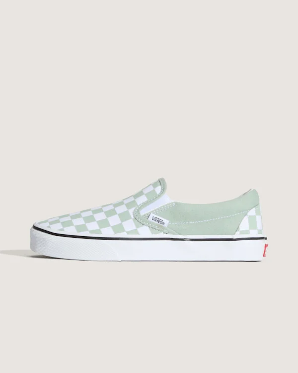Vans Classic Slip-On Checkerboard Shoes (Grey Mint Green / White) - 3.5 Boys 5.0 Women