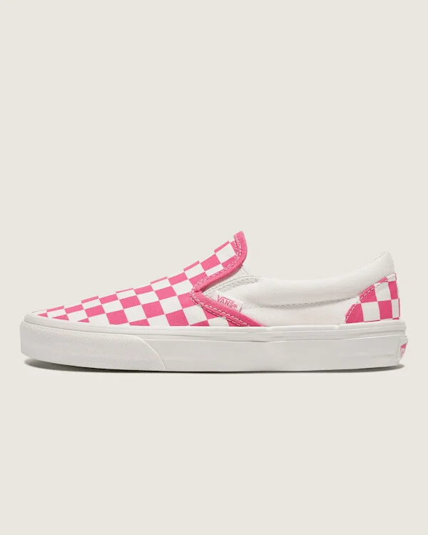 Vans Classic Slip-On Checkerboard Shoes (Honeysuckle Pink / White) - 3.5 Boys 5.0 Women