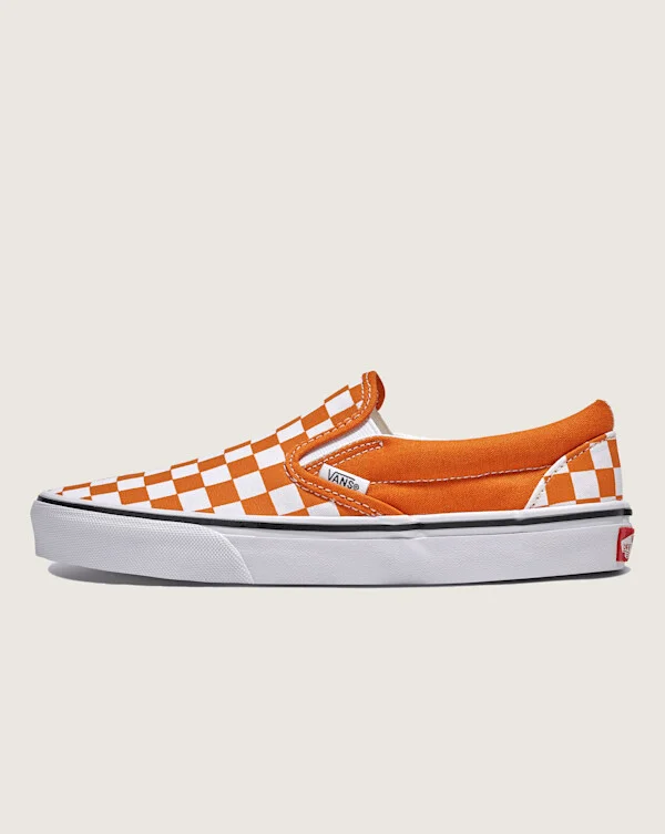 Vans Classic Slip-On Checkerboard Shoes (Marmalade Orange / White) - 3.5 Boys 5.0 Women