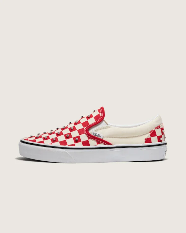 Vans Classic Slip-On Checkerboard Shoes (Racing Red / White) - 3.5 Boys 5.0 Women