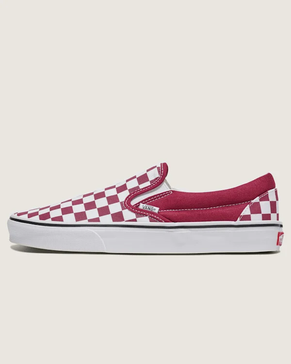 Vans Classic Slip-On Checkerboard Shoes (Rhododendron Red / White) - 10.5 Men 12.0 Women