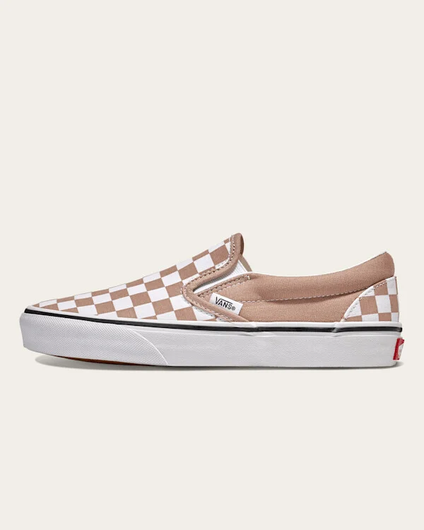 Vans Classic Slip-On Checkerboard Shoes (Warm Taupe Brown / White) - 3.5 Boys 5.0 Women