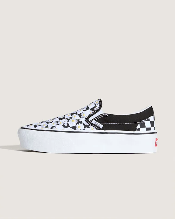 Vans Classic Slip-On Platform Checkerboard Shoes (Checkerboard Black / White) - 3.5 Boys 5.0 Women