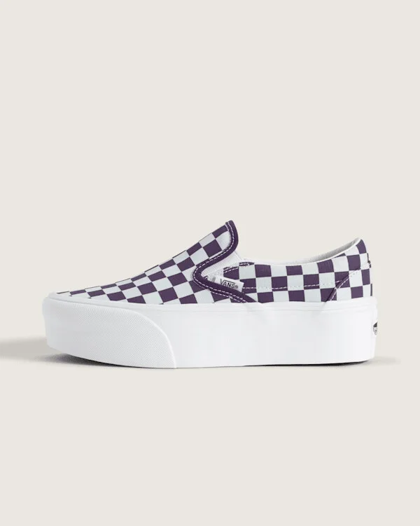 Vans Classic Slip-On Platform Checkerboard Shoes (Checkerboard Mist Blue / Gothic Grape Purple) - 3.5 Boys 5.0 Women