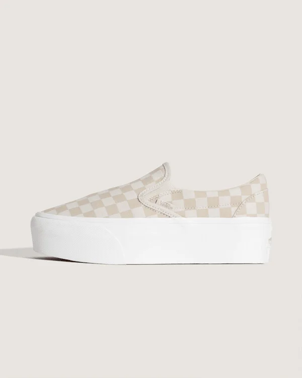 Vans Classic Slip-On Platform Checkerboard Shoes (Checkerboard Mushroom Brown) - 3.5 Boys / 5.0 Women