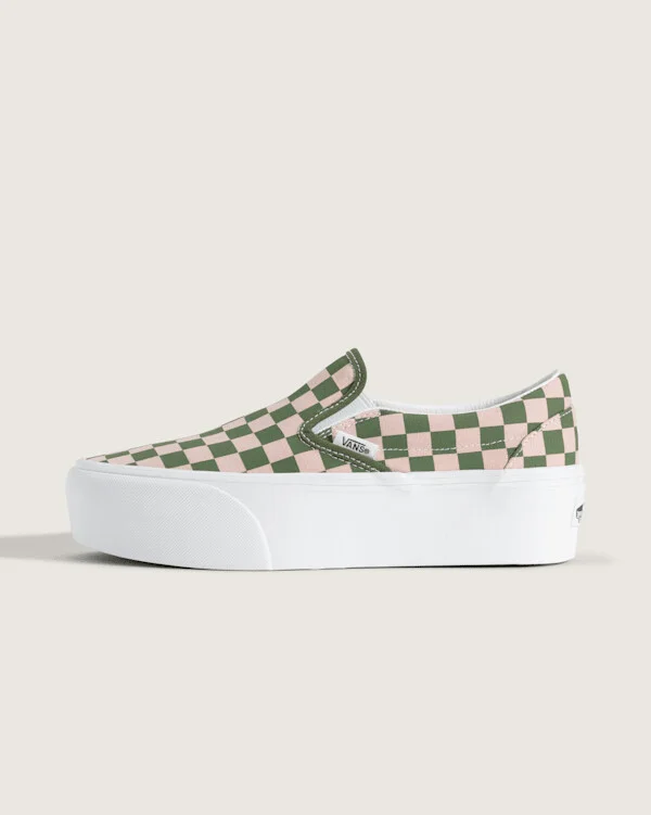 Vans Classic Slip-On Platform Checkerboard Shoes (Checkerboard Sepia Rose Pink / Pine Forest Green) - 3.5 Boys 5.0 Women