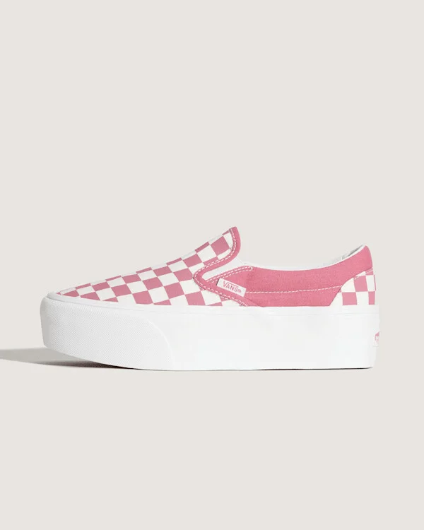 Vans Classic Slip-On Platform Checkerboard Shoes (Mauvewood Pink / White) - 3.5 Boys 5.0 Women
