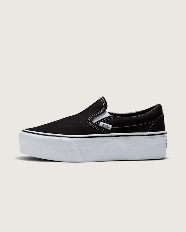 Vans Classic Slip-On Platform Shoes (Black / White) - 3.5 Boys 5.0 Women