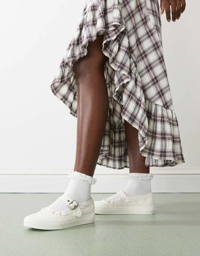 Vans Mary Jane canvas sneakers in white with ruffle detail