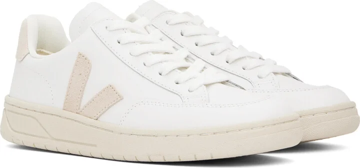 VEJA White & Beige V-12 Leather Sneakers - Image 4