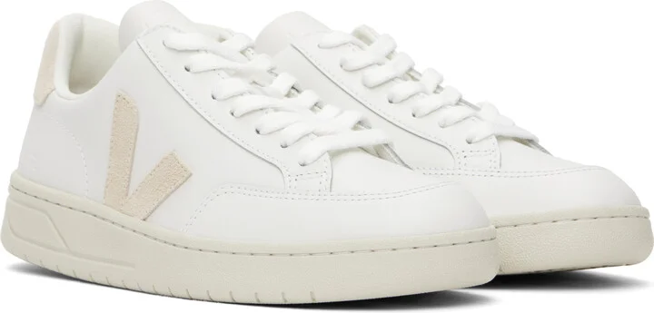 VEJA White & Beige V-12 Leather Sneakers - Image 4