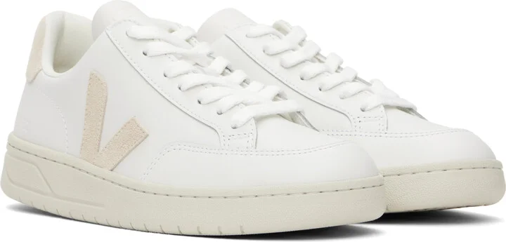 VEJA White & Beige V-12 Leather Sneakers - Image 4