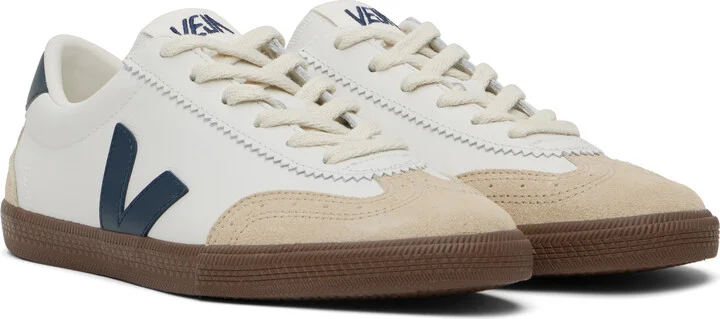 VEJA White & Beige Volley Leather Sneakers - Image 4