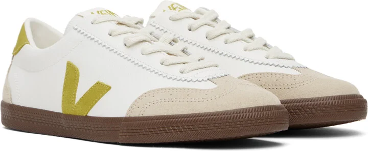 VEJA White & Beige Volley Leather Sneakers - Image 4