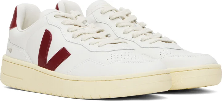 VEJA White & Burgundy V-90 Leather Sneakers - Image 4