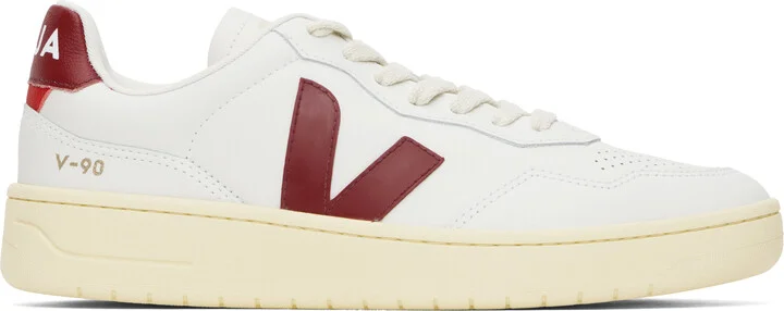 VEJA White & Burgundy V-90 Leather Sneakers