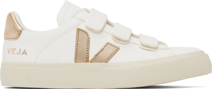 VEJA White & Gold Recife Leather Sneakers