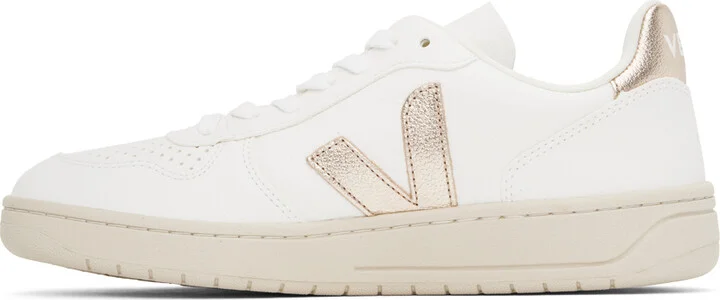 VEJA White & Gold V-10 ChromeFree Leather Sneakers - Image 3