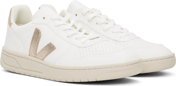 VEJA White & Gold V-10 ChromeFree Leather Sneakers - Image 4