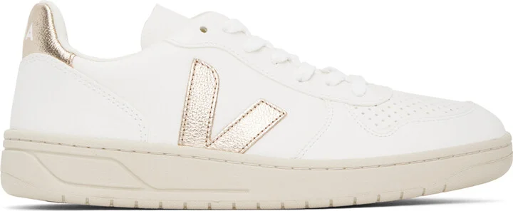 VEJA White & Gold V-10 ChromeFree Leather Sneakers